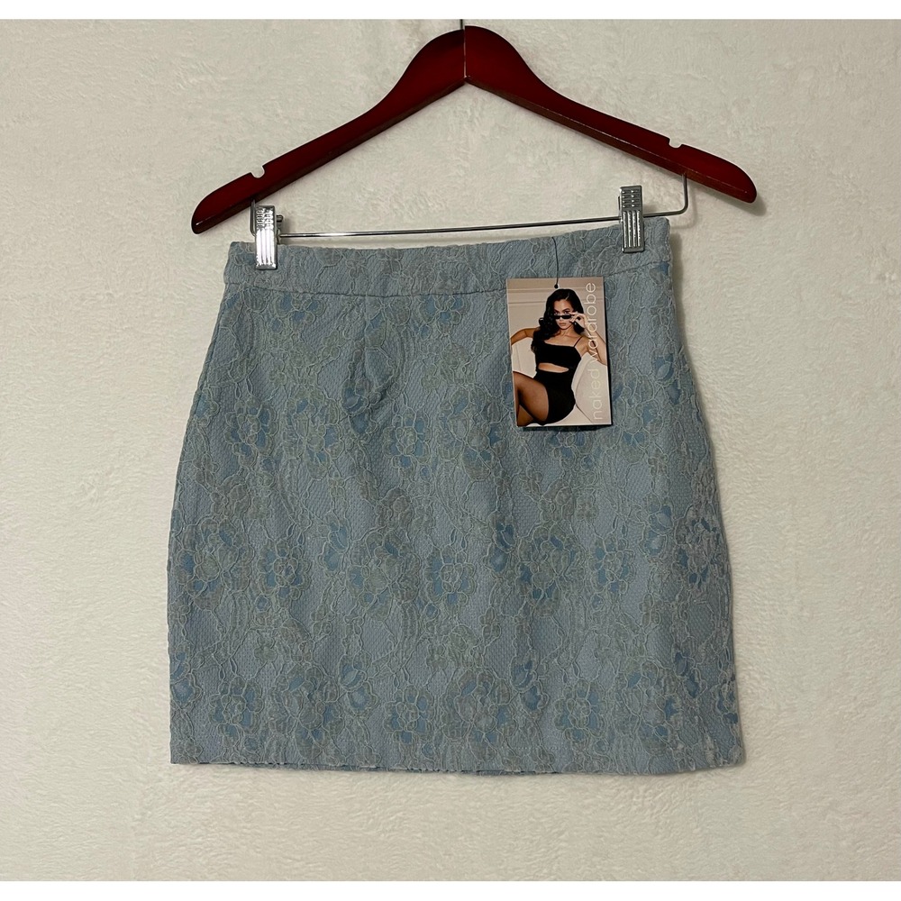 Naked Wardrobe The Statement Blue Floral Lace Mini Skirt Small NWT